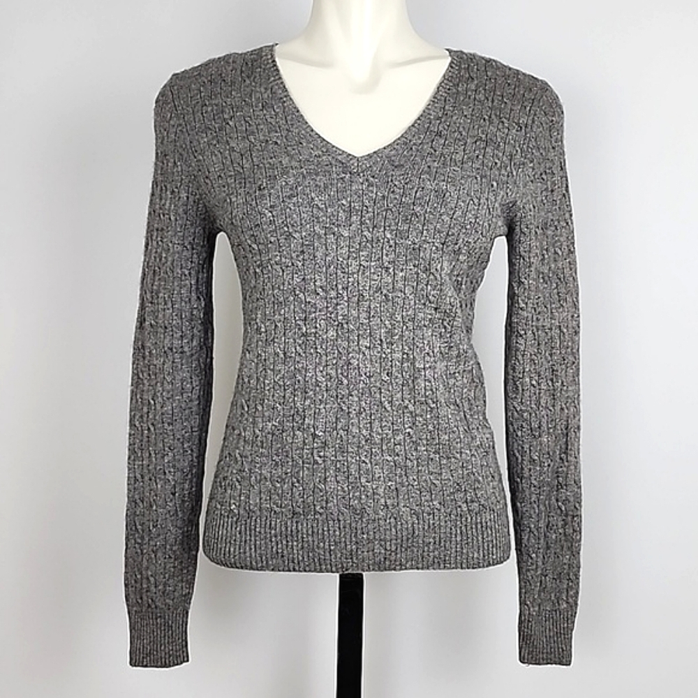 Pure Cashmere Women's Grey 100% Pure Cashmere Cable Knit V-Neck Sweater Medium